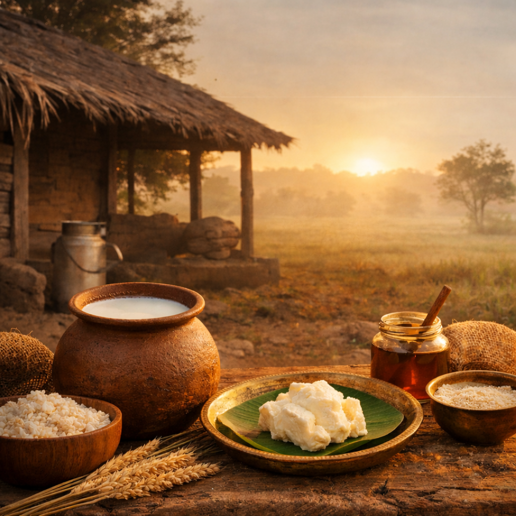 Traditional Indian rural setting with clay pot of milk, fresh butter on banana leaf, grains and honey at sunrise, reflecting native nutrition roots.